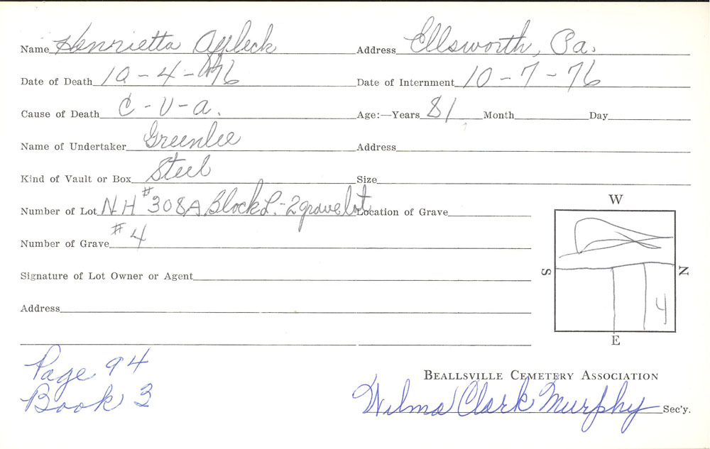 Hanrietta Affleck burial card